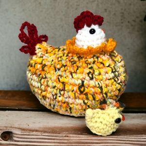 Handmade Crochet Easter Mama Hen and Baby Chick Egg Amigurumi Set